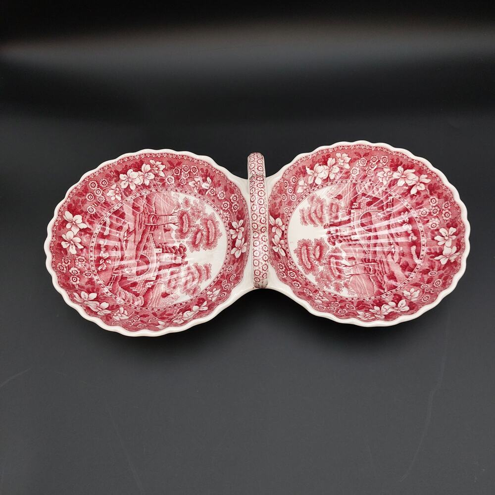 Vintage Copeland Spodes Tower Pink Red Double Relish Dish 2-Part Handle England